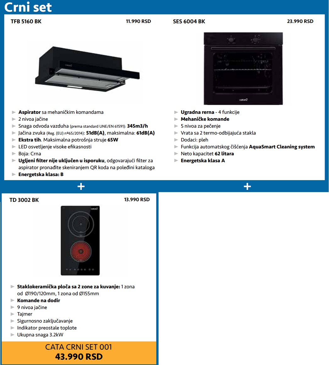 CATA SET: TFB 5160 BK aspirator + TD 3004 BK staklokeramička ploča + SES 6004 BK rerna