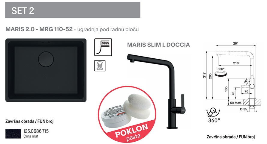 FRANKE SET 2 MARIS 2.0 MRG 110-52 BLACK COLLECTION I MARIS SLIM L DOCCIA CRNA MAT 