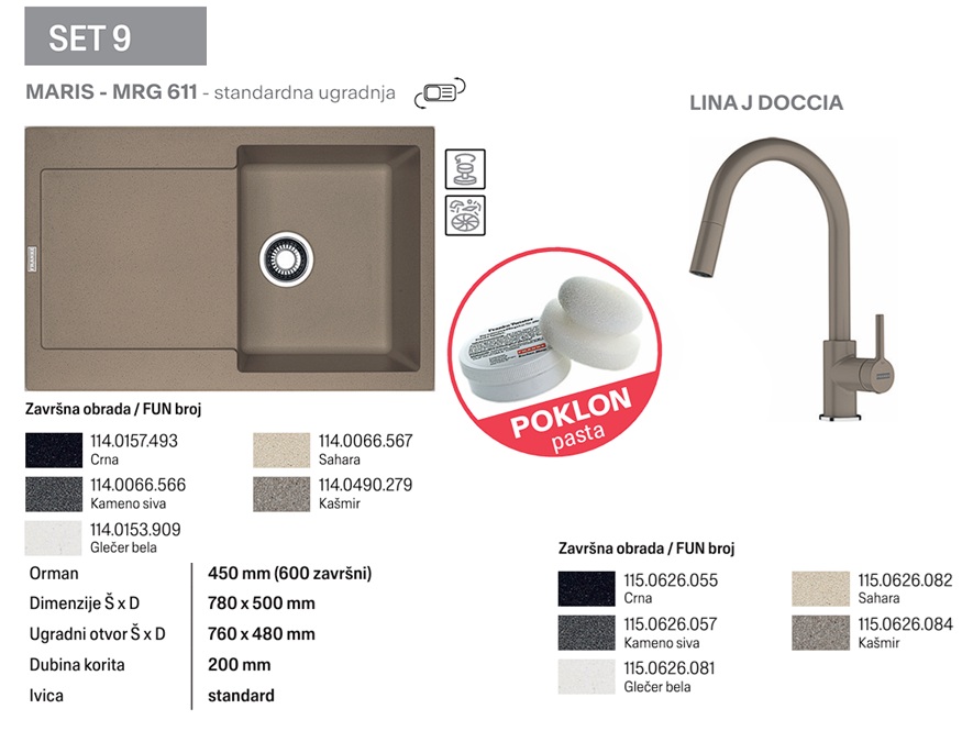 FRANKE SET 9 MARIS MRG 611 I LINA J DOCCIA 5 BOJA