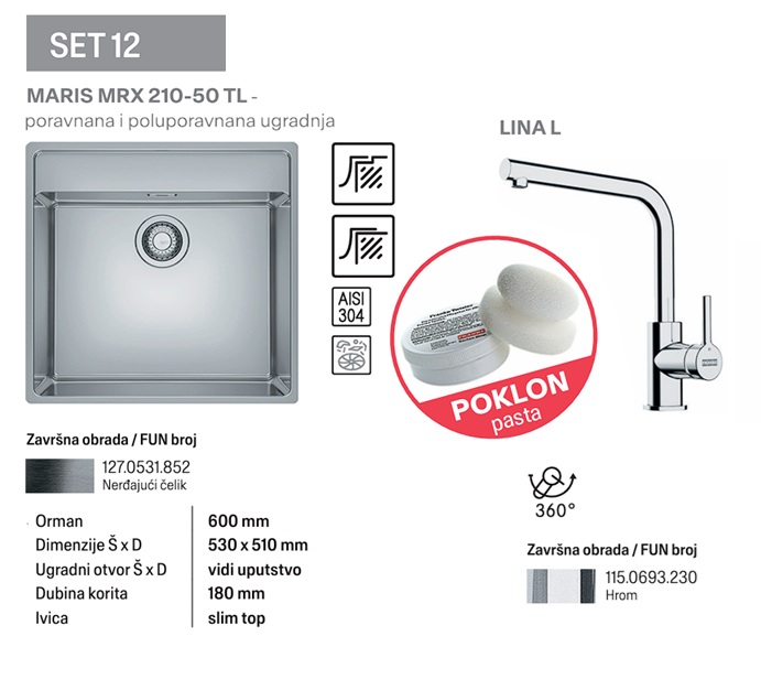 FRANKE SET 12 MARIS MRX 210-50 TL I LINA L HROM