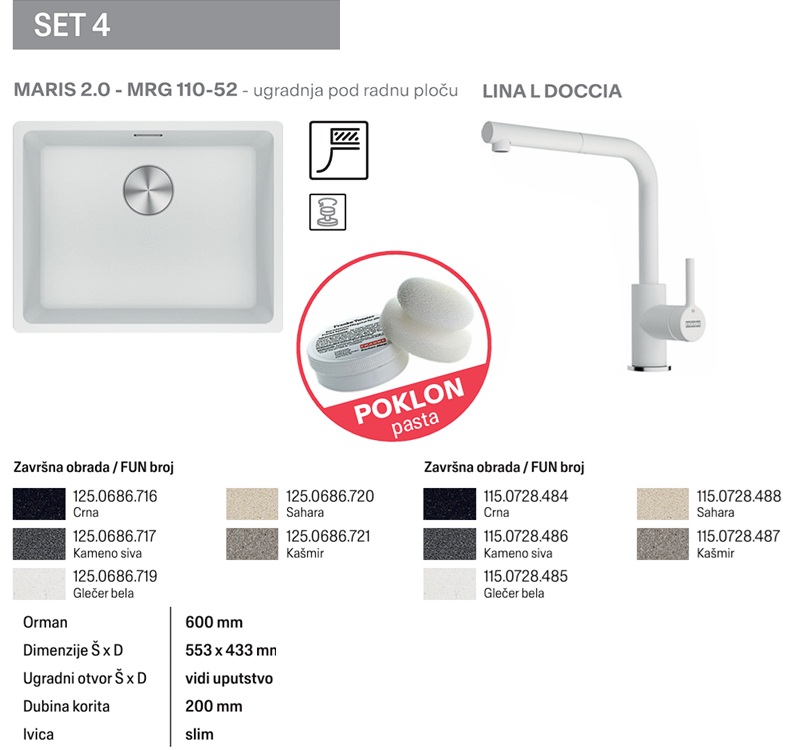 FRANKE SET 4 MARIS 2.0 MRG 110-52 I LINA L DOCCIA 5 BOJA