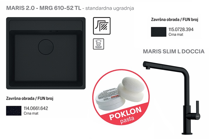 FRANKE SET 1 MARIS 2.0 MRG 610-52 TL black collection i MARIS SLIM L D CRNA MAT