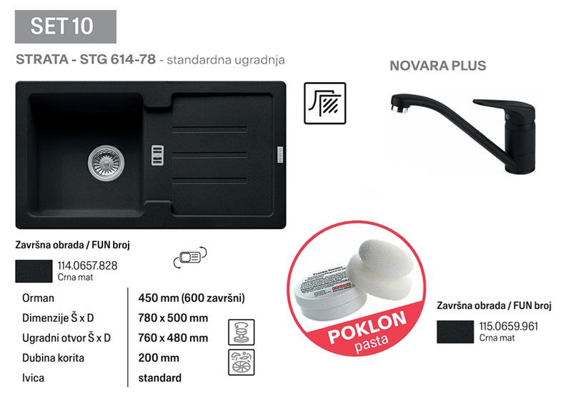 FRANKE SET 10 STRATA STG 614-78 I NOVARA PLUS CRNA MAT 